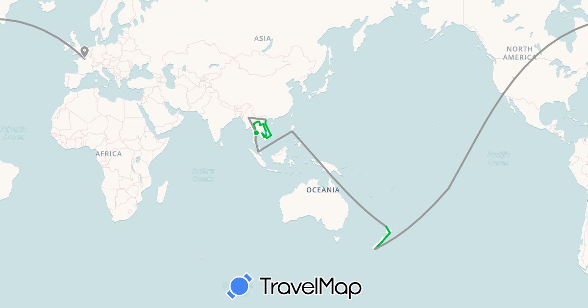 TravelMap itinerary: driving, bus, plane, boat in France, Cambodia, Laos, Myanmar (Burma), Malaysia, New Zealand, French Polynesia, Philippines, Thailand, United States, Vietnam (Asia, Europe, North America, Oceania)